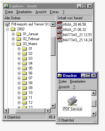 Screenshot: Verzeichnisbaum, in den erzeugte PDFs einsortiert werden. Dateien tragen das Login des Benutzers und die Uhrzeit im Namen